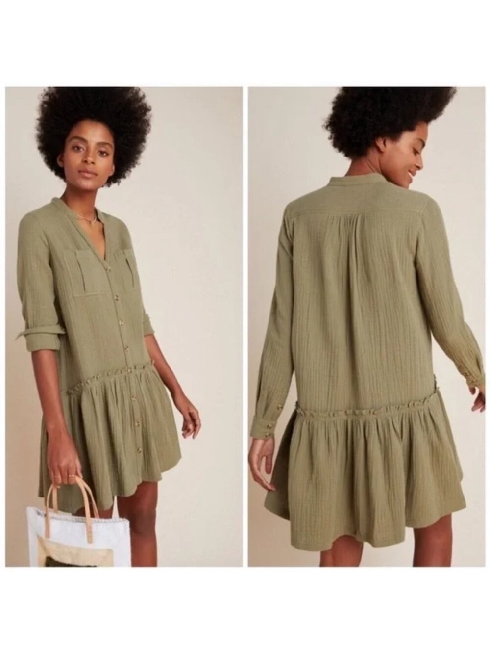 Maeve Anthropologie Katie Cotton Gauze Tunic Dress Olive Green Size 4 Boho
